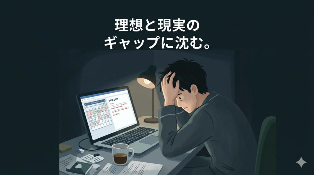 40代の日本人男性が、深夜にパソコンの前で頭を抱えて座り込んでいるフラットイラスト。画面には複雑なシフト表と未完成のブログ記事が表示されている。部屋は薄暗く、デスクライトの光だけが彼を照らしている。彼の表情は疲れ果て、理想の計画と進まない現実の狭間で落ち込んでいる様子。