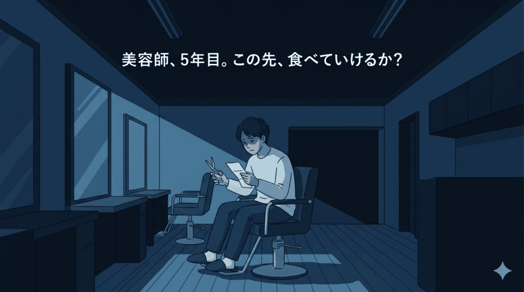 20代半ばの日本人男性美容師が、夜の誰もいない美容室で、鏡の前に一人座り込んでいる。カット椅子に座り、ハサミを持ったまま床を見つめ、暗い表情で深く落ち込んでいる。給与明細を手に持っている。店内は薄暗く、青みがかった影が強調され、将来への不安と孤独感が漂う