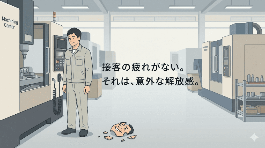40代の日本人男性が工場の作業着を着て、マシニングセンタの前に立っている。以前の接客業時代の「無理な笑顔」の仮面が足元に落ちて割れており、今の彼は無表情ながらもどこかホッとした、集中している表情。背景は整然とした工場内で、少し明るいグレーやベージュ。過度な重労働感ではなく「自分の仕事に没頭している」クリーンな雰囲気。