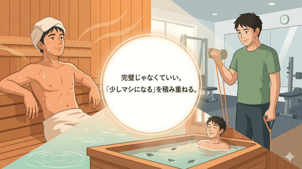 。分割された画面。左側にはサウナで汗を流してリフレッシュしている日本人男性、右側にはジムで軽く汗を流している男性、下部にはお風呂でくつろいでいる男性。全体的に温かみのあるオレンジや緑を基調としたトーン。