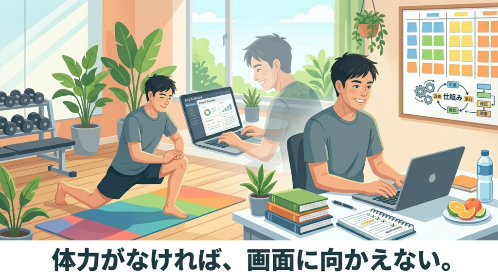 40代の日本人男性が、ヨガマットの上で軽くストレッチをしている、またはジムのマシンで汗を流しているフラットイラスト。その横には、元気にパソコン作業に向かう彼の姿が半透明で描かれている。運動によって心身がリセットされ、副業への集中力が高まっている状態を表現。