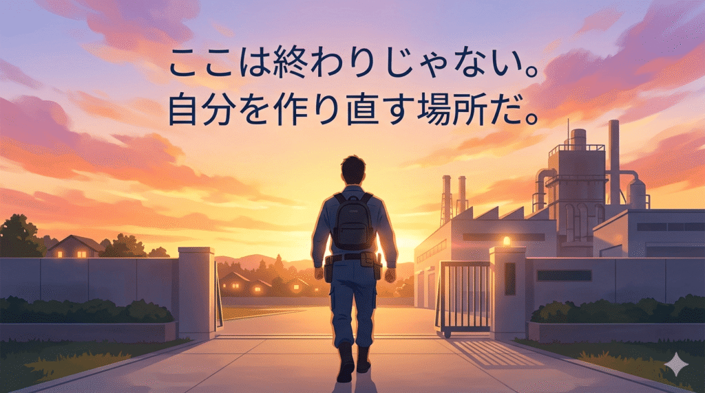 夜勤に向かう40代日本人男性の背中。工場のゲートの向こうから、美しい朝焼け（あるいは夕焼け）が差し込み、彼を黄金色に照らしている。遠くには家族を思わせる温かい家の灯りが見える。一歩踏み出す足元には力強さがあり、全体的に非常に明るく希望に満ちたトーン。