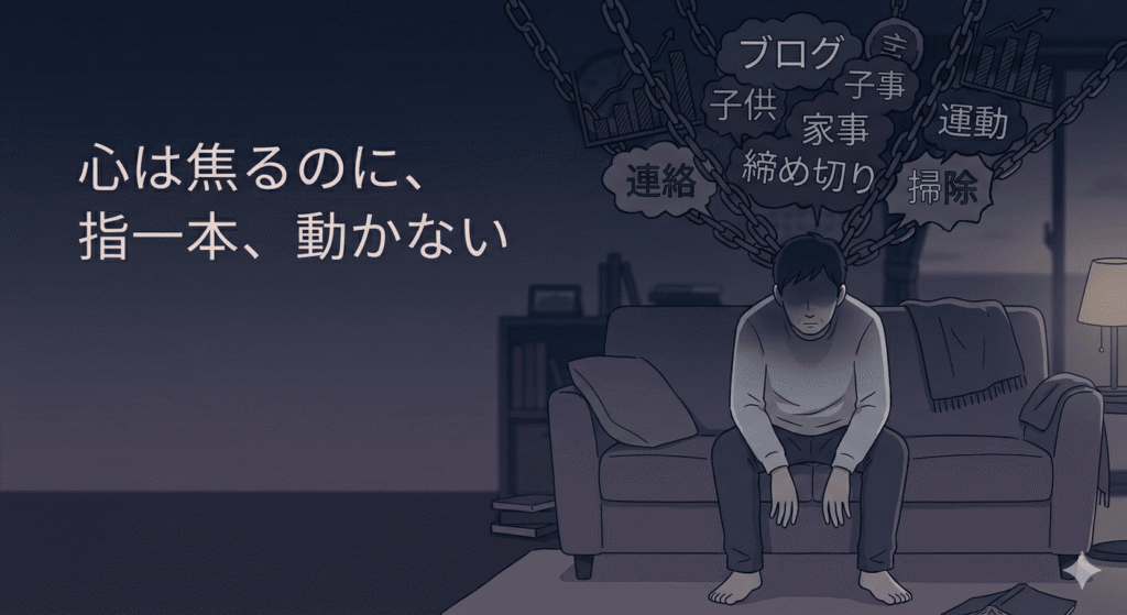 夜のリビング、ソファに深く沈み込んで動けない30〜40代の日本人男性。フラットイラスト、やわらかいタッチ。室内は暗く、男性の顔は影になっている。彼の頭上には「ブログ」「子供」「家事」といった言葉が、重い鎖や重圧のような視覚的エフェクトとして重くのしかかっている。