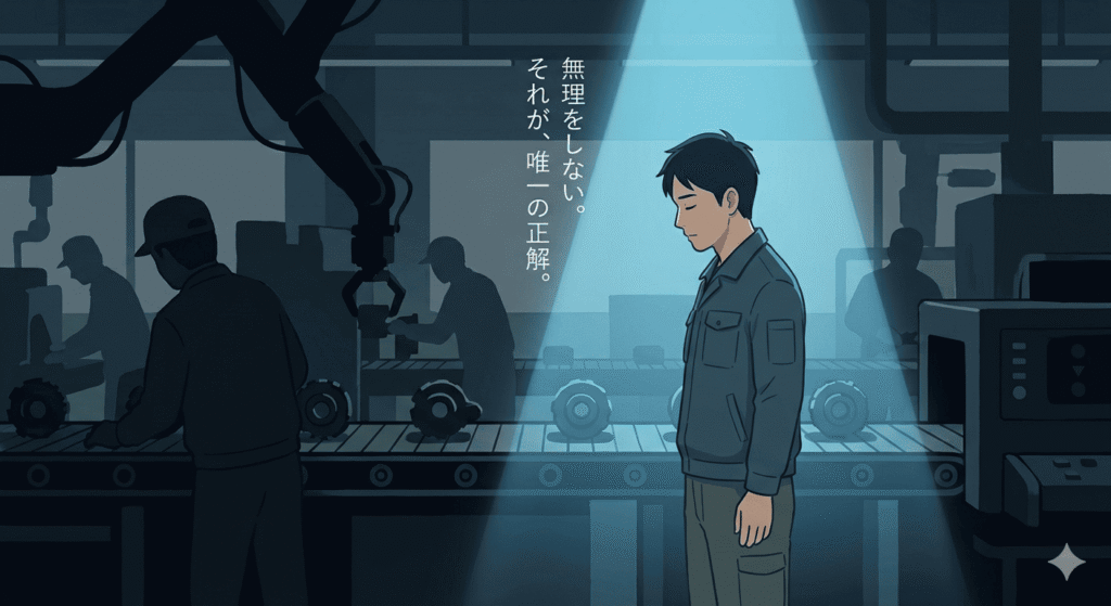 工場の製造ラインの横で、30代の日本人男性が深く息を吐き、肩の力を抜いてふっと視線を落としている。彼の周囲は忙しなく動く機械や影で表現され、重苦しい空気が漂っているが、彼がいる場所だけは、決意を秘めたような静かな青い光が差し込んでいる。戦うのではなく、あえて「無理をしない」ことを選んだ静かな強さを表現。