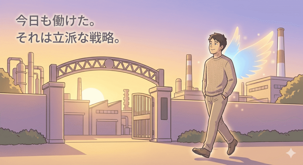 夕暮れの工場の正門から、30代の日本人男性作業員が私服に着替えて出てくる。彼は空を見上げ、満足げに微笑みながら歩いている。彼の背中には、目には見えないが、翼のような柔らかい光のオーラが広がっており、足取りは非常に軽い。背景の工場は夕日に照らされ、温かく彼を見守っている。