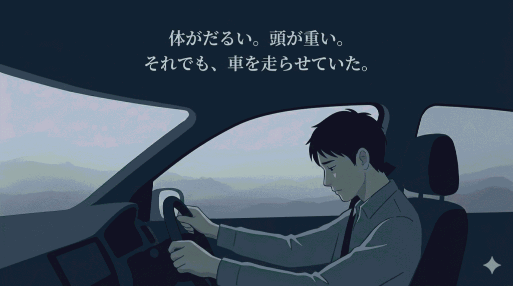 0代後半の日本人男性が、早朝の薄暗い中、車の運転席でハンドルを握りながら、うつむき加減で耐えている横顔。窓の外は霧がかったようなグレーの景色。全体的に青みがかった暗いトーンで、強い疲労感と孤独を表現。