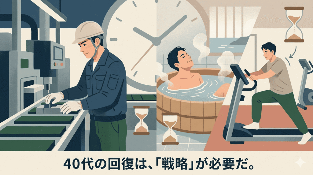 画面が左右に分かれている。左側には工場で働く40代の日本人男性、右側には自宅でゆっくりと銭湯の湯気に包まれたり、ジムで慎重にトレーニングしたりして「メンテナンス」をしている姿。背景には時計の針と、ゆっくり流れる砂時計のモチーフ。若さで押し切るのではなく、賢くケアをしながら戦う大人のリアリティ。落ち着いた中間色。