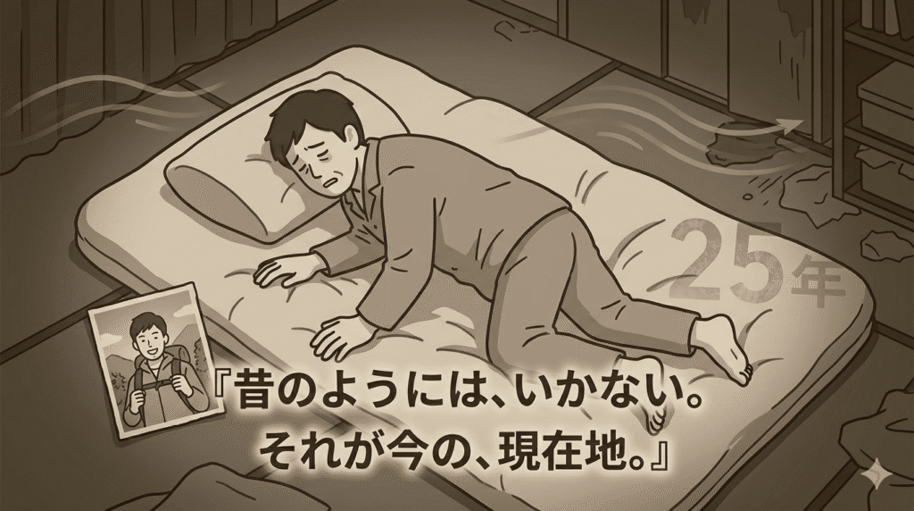 40代の日本人男性が布団の上で這い出そうとするが、体が地面に沈み込んでいるかのように重そうにしている描写。枕元には古い写真（若くアクティブな自分）が置かれているが、今の彼は対照的に動けない。背景には「25年（住宅ローンの残り期間）」を示唆するような数字がかすかに浮かび、責任感と体力の限界の間で揺れるリアルを表現。