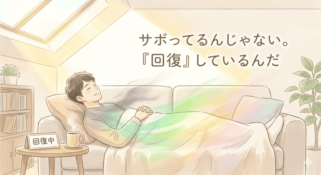 柔らかな、温かみのある光が差し込む部屋。日本人男性がソファで心地よさそうに横になり、目を閉じているフラットイラスト。やわらかいタッチ。男性の体からは、暗い色が抜け、徐々に明るい緑や黄色へと変わっていくようなエフェクトがかかっている。傍らのテーブルには、温かい飲み物と「回復中」と書かれた小さな札がある。色はベージュ、薄い緑、パステルカラー。