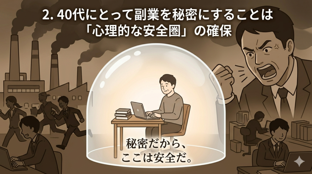 日本人男性（40代）が、頑丈なガラスのドームの中に座り、リラックスした表情でブログ記事を書いている。ドームの外は、工場の煙突や忙しく働く人々の影、怒鳴っているような上司の顔などが、セピア色の暗いイラストで描かれている。しかし、ドームの中だけは静かで、微かに温かい光が灯っている。