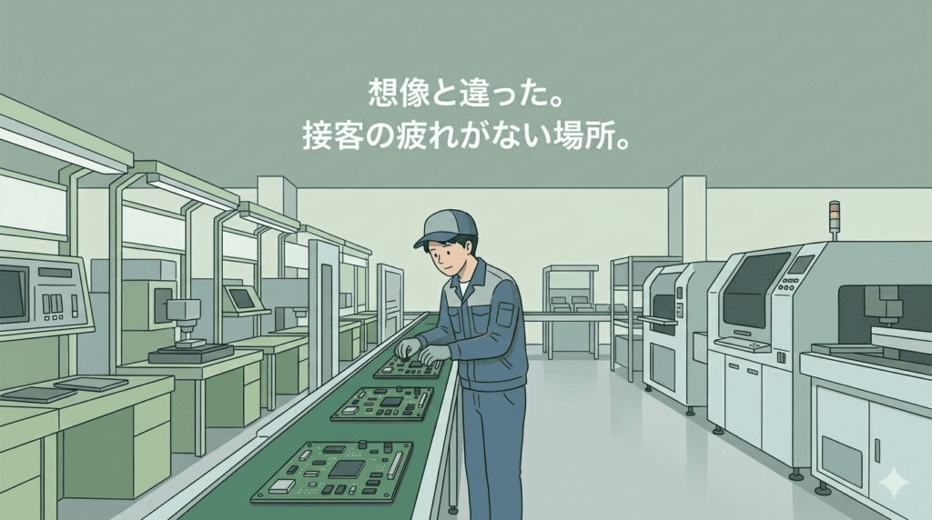 業着を着た20代半ばの日本人男性(元美容師)が、工場の製造ラインに立っている。真剣な表情で手元の作業に集中しているが、以前の美容室の画像に比べると、精神的なプレッシャーから解放されたような、どこかホッとした表情。背景の工場内は整理整頓され、薄灰色や薄緑色の落ち着いたトーン。