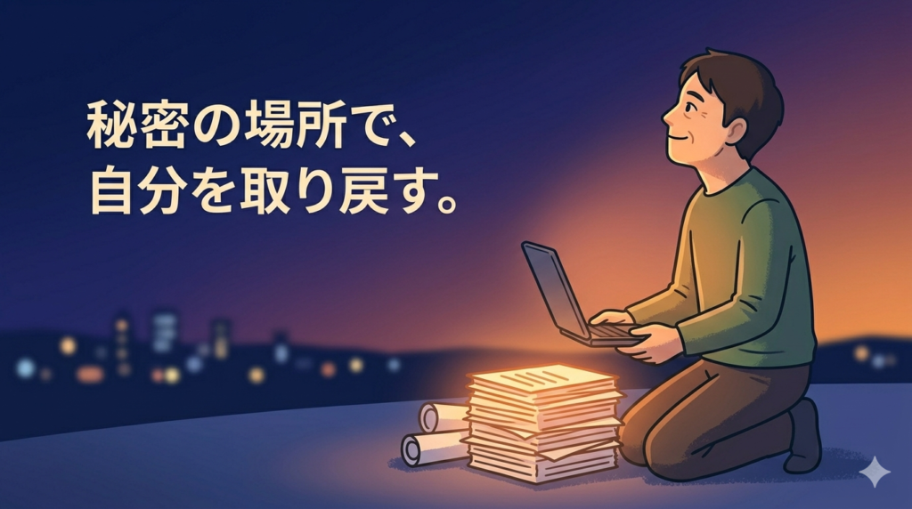 日本人男性（40代）が、パソコンを閉じ、充実した笑顔で夜空を見上げている。彼の足元には、これまでに書き上げた記事が積み上がっており、それが微かに光を放っている。その光は、遠くの街明かり（現実世界）とは異なる、彼自身の内なる光のようである。フラットイラスト、やわらかいタッチ。