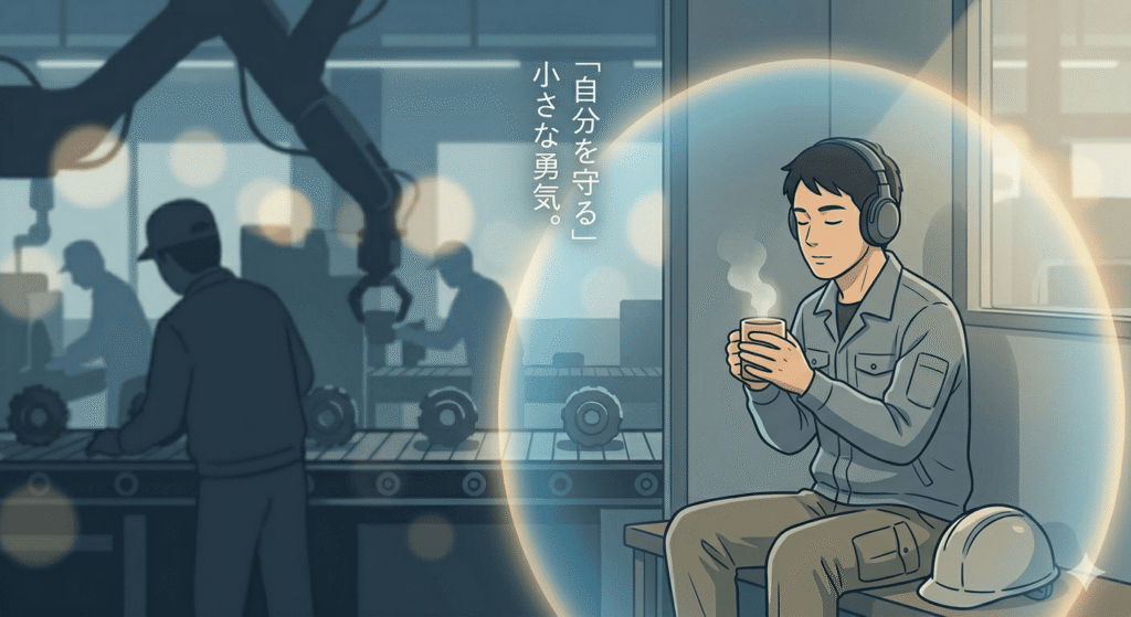 工場の休憩室の片隅で、30代の日本人男性作業員が一人、壁に向かって座り、目を閉じて深く呼吸をしている。彼はイヤホンをして外音を遮断し、温かい飲み物のカップを両手で持っている。彼の周りだけ、微かに柔らかく温かい光のバリアが包み込んでおり、外側の騒がしい工場の風景(ぼかされている)とは遮断されている。