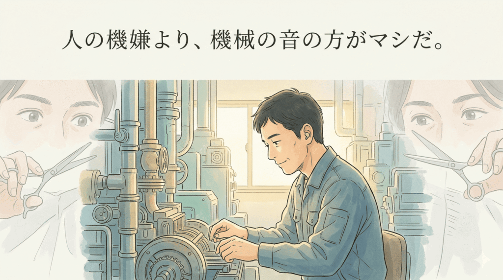 工場内で耳栓をし、作業に没頭する40代日本人男性。彼の周りには複雑な配管や機械があるが、不思議と彼のパーソナルスペースだけは静寂に包まれているような描写。美容師時代の「人の視線」が刺さるイメージが背景に薄く重なり、今の「集中できる環境」との対比を描く。少し明るい光が差し込み始める。