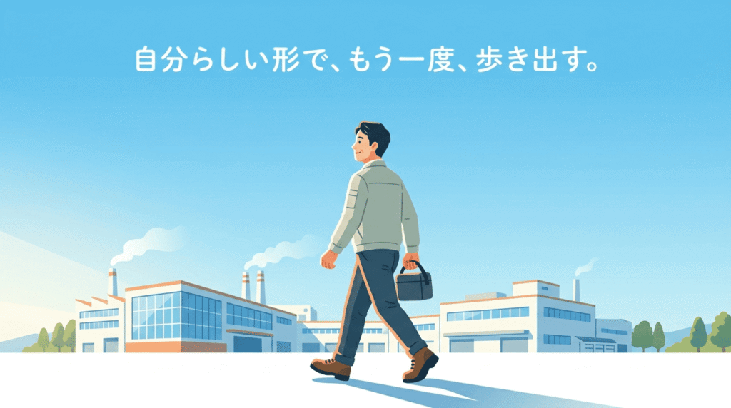 青空の下、工場の大きな建物を背にして、未来を見据えて歩き出す40代日本人男性の全身像。手には弁当箱が入ったバッグを持ち、表情は晴れやか。光が前方から差し込み、長い影が後ろに伸びている。非常にクリアで爽やかな色彩。