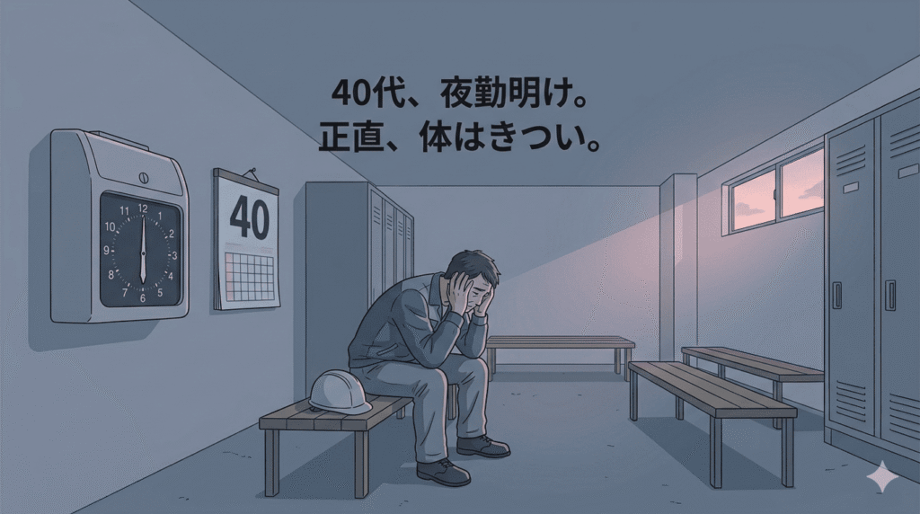 作業着姿の40代日本人男性が、明け方の工場の更衣室で、ベンチに深く腰掛けている。ヘルメットを脱ぎ、疲労困憊した様子で膝に手を置き、うつむいている。壁のカレンダーは40代の年齢を暗示し、時計は早朝を指している。外から差し込む朝焼けの光が、疲れ切った横顔を照らしている。