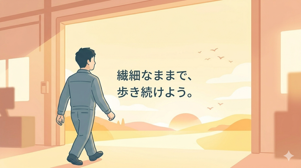 工場の出口から、温かい光が溢れる外の世界へと一歩踏み出そうとする日本人男性の背中を描いたフラットイラスト。全体的に非常に明るく、ポジティブなオレンジや黄色のトーン。未来への希望を感じさせる、柔らかく開放的な雰囲気。