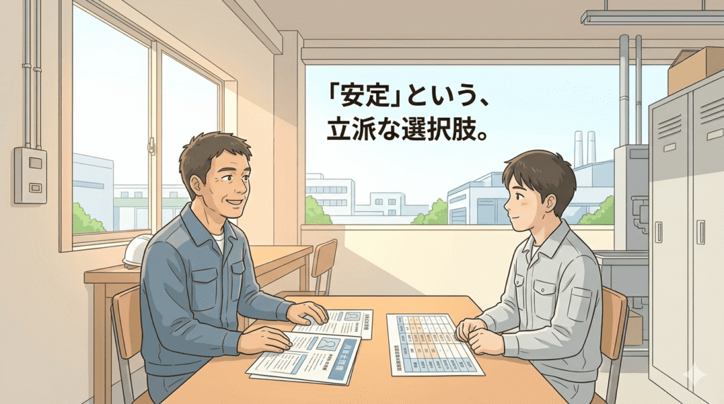 40代日本人男性が、明るく清潔な工場の休憩室で、後輩(20代)の男性に温かい表情でアドバイスを送っている。先輩男性の手元には「求人票」や「比較表」が置かれている。窓からは明るい日差しが差し込み、二人の未来が明るいことを示唆している。