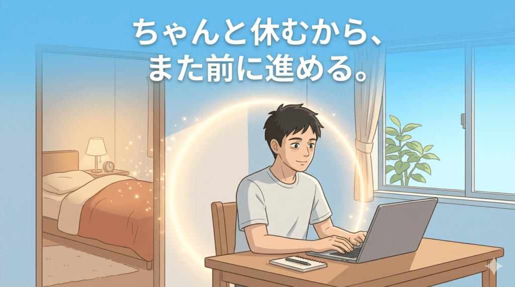 明るい色調。30〜40代の日本人男性が、朝の光の中で、少しリフレッシュした表情でデスクに向かっている。彼はパソコンを開き、少しだけ作業を始めている。窓からは爽やかな青空が見え、部屋には観葉植物がある。完全な元気いっぱいではないが、着実に「再始動」している様子。男性の後ろには、彼を支えるような、穏やかな光の輪が描かれている。