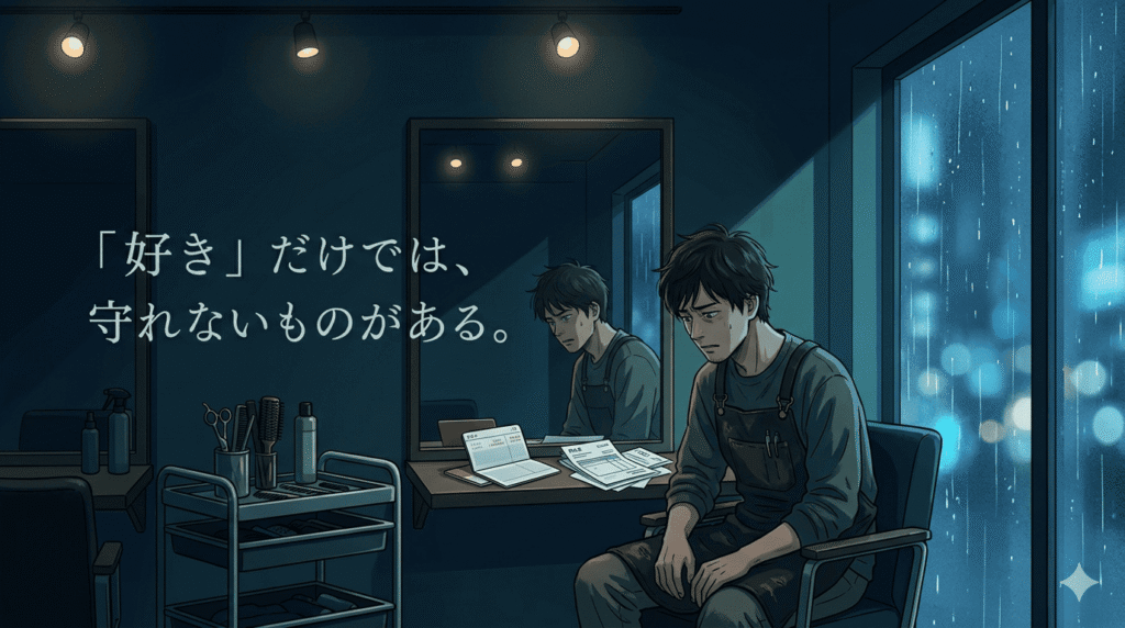 20代後半の日本人男性が、美容室の鏡の前で一人、通帳や請求書を険しい表情で見つめている。夜の店内は薄暗く、ハサミやコームが置かれたワゴンが寂しげに照らされている。窓の外には雨が降っており、将来への不安と重苦しさを表す青みがかった暗いトーン。