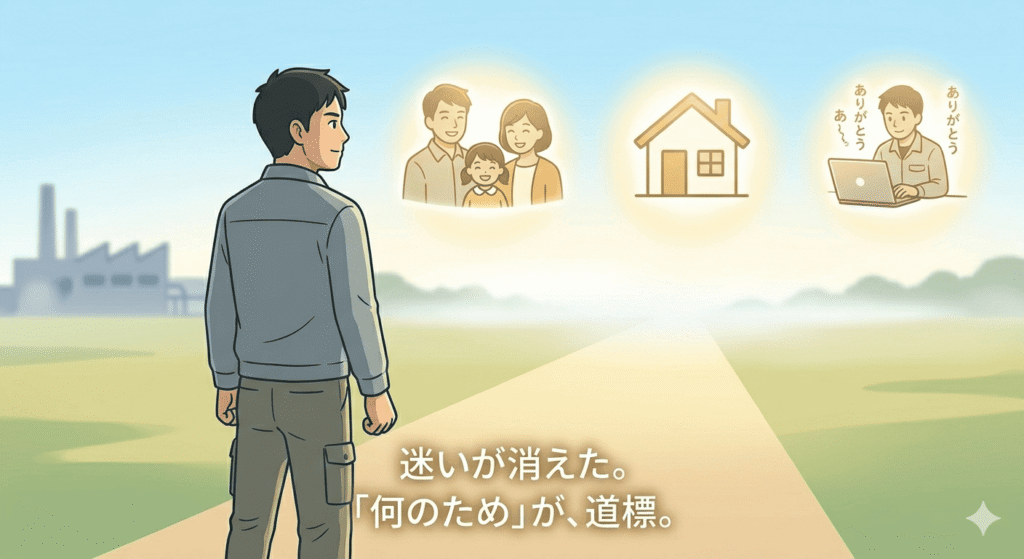 30代の日本人男性作業員が、工場の作業着姿で、澄んだ瞳で遠くを見つめている。彼の視線の先には、霧が晴れた向こうに、暖かく光り輝く3つのシンボル(「笑顔の家族」「安定した家」「PCに向かう自分と感謝の言葉」)が浮かんでいる。彼の表情は晴れやかで、迷いがない。足元にはしっかりとした道が伸びている。