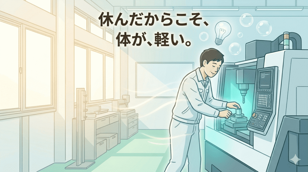 
16:9の横長フラットイラスト。やわらかいタッチ。明るい午前中の光が差し込む工場。40代の日本人男性が、マシニングセンタの前でキビキビと、かつ穏やかな表情で作業している。彼の体は少し浮いているかのように軽やかで、頭上には「スッキリとした思考」を象徴する電球や透明な泡が描かれている。全体的に明るい白、青、緑を基調とした爽やかな色調。