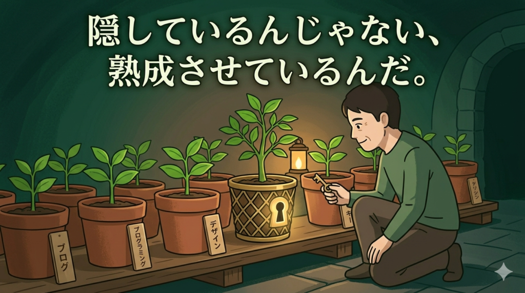 日本人男性（40代）が、静かな地下室（または書庫）のような場所で、棚に並んだいくつかの「緑色の双葉」が植えられた植木鉢を、大切そうに見つめている。その中のひとつの鉢には、小さな光る鍵がかけられている。男性の表情は、以前よりもしっかりとしており、決意を秘めている。