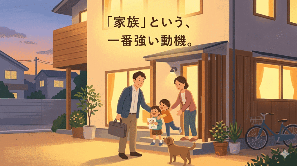 夕暮れ時、マイホームの玄関先で40代の日本人男性が妻と二人の子供に迎えられている。男性の手には仕事帰りのカバンがあり、表情は優しく、どこか誇らしげ。背景には、彼が守っている「家」と「安定」を象徴する黄金色の光が広がっている。華やかさはないが、地に足のついた幸福感。