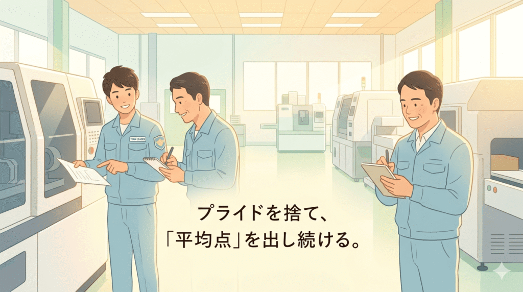 40代の日本人男性が、20代の若いリーダーから笑顔でメモを取りながら教わっているシーン。男性の表情からは虚栄心が消え、素直に学ぶ姿勢が見える。背景の工場は明るくクリーンな印象。画面全体に温かい黄色やオレンジの光が回り、再起の準備が整った雰囲気。