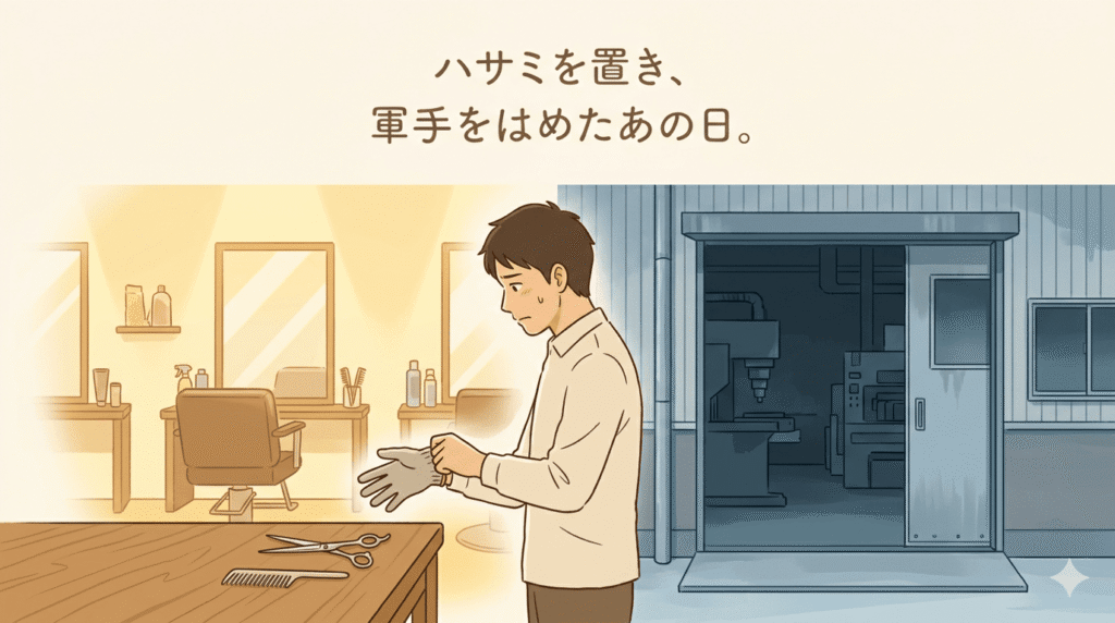 25歳当時の日本人男性が、美容師のハサミを机に置き、片手に軍手をはめようとしている様子。表情は不安と決意が混ざり合っている。背景は左側が明るい美容室、右側が少し無機質な工場の入り口になっており、人生の境界線を表現。全体的に少しセピアがかった、回想シーンのような落ち着いたトーン。