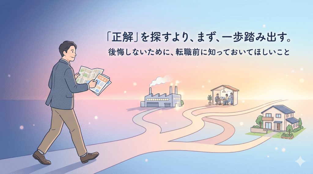 40代の日本人男性が、夜明けの道を一歩踏み出している。彼の前には複数の道（工場、副業、家族との時間）が緩やかに繋がっており、手には地図（求人や情報）を持っている。背景は夜明けのグラデーションで、暗闇から明るい希望へと変わる境界線。全体的に透明感のある、前向きなパステルカラー。