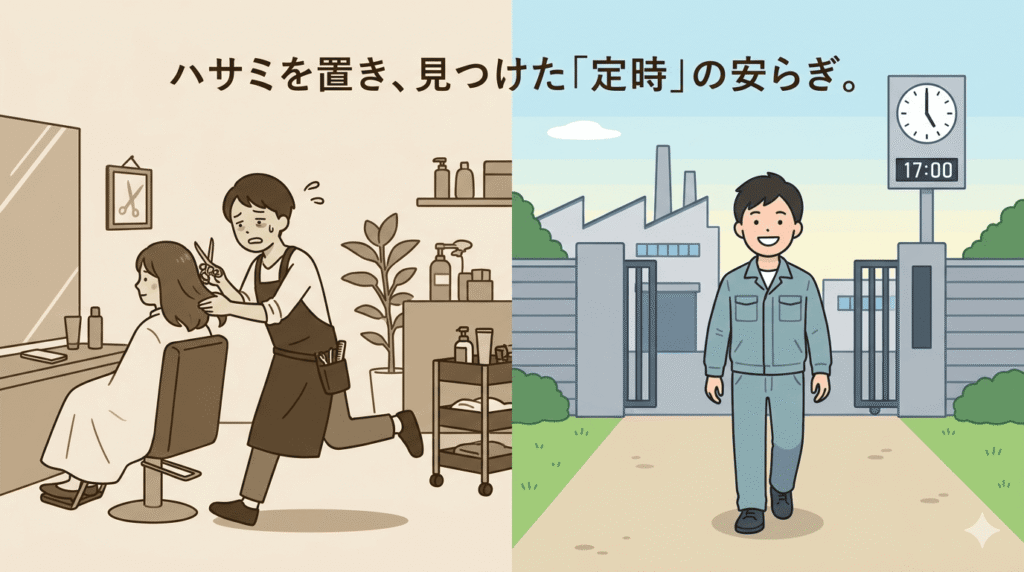 画面が左右で分割されている。左側は忙しく接客する美容師時代の自分（セピア色）、右側は夕方に工場の門を出て、清々しい表情で帰路につく現在の自分（カラー）。時計の針は17時を指している。精神的な消耗から解放された安堵感を表現。