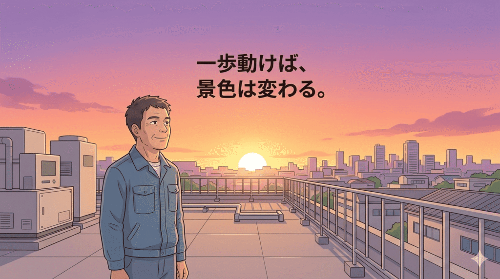 40代日本人男性(作業着姿)が、夕暮れの工場の屋上に立ち、沈んでいく太陽に向かって真っ直ぐな視線を向けている。その表情は晴れやかで、満ち足りた充実感と、未来への希望に溢れている。背景の空は美しいマジックアワー(オレンジと紫のグラデーション)で、彼のシルエットを温かく包んでいる。