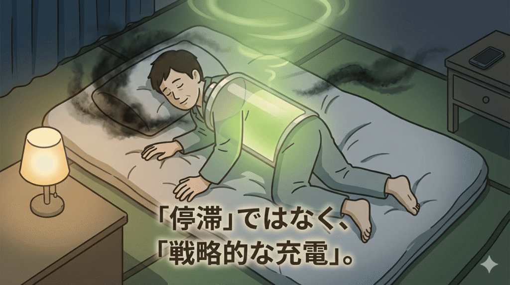 30〜40代の日本人男性が、暗い部屋でスマホを遠ざけ、静かに横になっている。彼の体は半分透明なバッテリーのようなデザインで描かれ、そこへゆっくりと優しい緑色の光が充填されていく様子を表現。最初は背景に黒いモヤ（罪悪感）が漂っているが、バッテリーが満たされるにつれ、周囲が少しずつ明るい色に変わっていく。