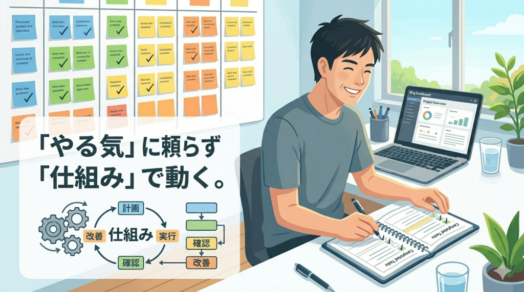 40代の日本人男性が、デスクでパソコンに向かい、笑顔でチェックリストにペンでチェックを入れているフラットイラスト。デスクの上は整理され、小さなタスクが書かれた付箋が壁に貼られている。彼の手元には、「次回はやること」が書かれたメモ帳がある。作業がスムーズに回り始め、習慣化への自信を感じさせる明るくクリアな雰囲気。