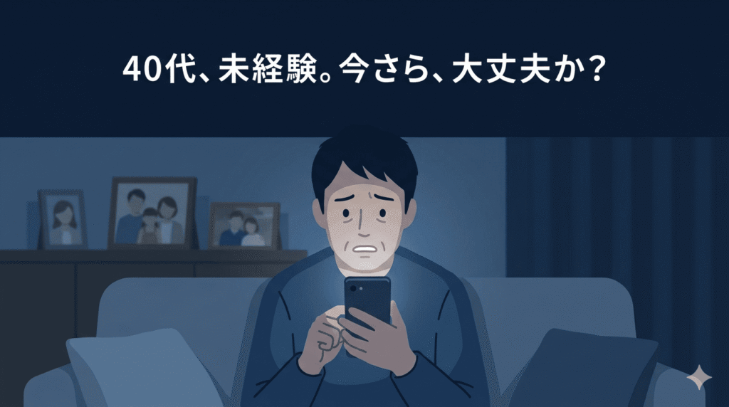 夜、リビングのソファでスマホを握りしめ、不安そうな表情で画面を見つめる40代の日本人男性。部屋の明かりは少し暗く、背景には家族の写真が飾ってある。将来への不安と「失敗できない」というプレッシャーが漂うどんよりとした青暗いトーン。