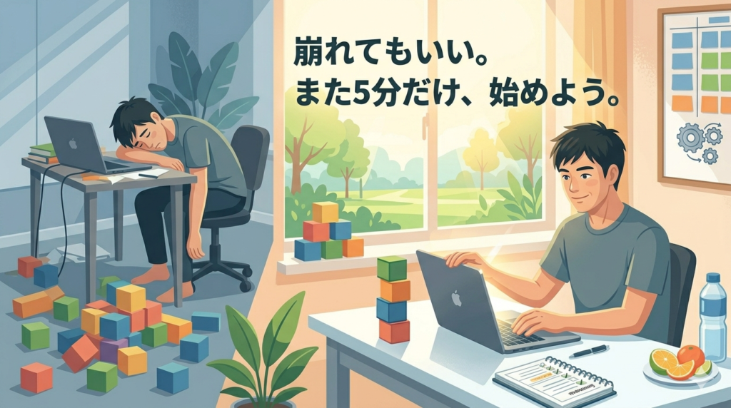 40代の日本人男性が、数日ぶりにパソコンを開き、少し照れくさそうに、しかし決意を秘めた表情でキーボードに手を置いているフラットイラスト。背景には、崩れた積み木が少しずつ積み直されていく様子がメタファーとして描かれている。部屋には温かい朝日のような光が差し込み、再起を応援するような雰囲気。