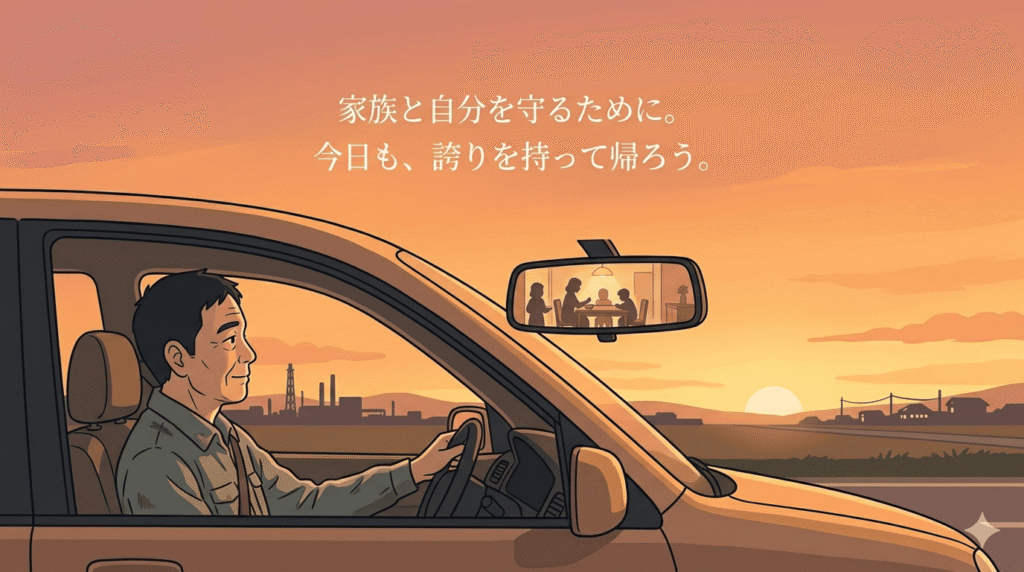 40代の日本人男性が、仕事終わりの夕暮れ時、車の運転席で少し穏やかな表情をしている。バックミラーには自宅の明かりや家族をイメージさせる暖かな光が映り込んでいる。全体的にオレンジ色やゴールドの温かいトーン。