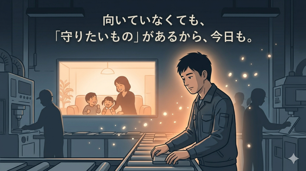 工場の作業服を着て、ラインに立って作業をしている30代後半の日本人男性のイラスト。男性の表情は真剣で、どこか穏やかな力強さを感じさせる。男性の後方には、工場 特有の機械や、他の作業員の姿がぼんやりと描かれている（重くはない）。男性の視線の先には、自宅の窓から見える、妻と子供たちの笑顔のシルエットが、柔らかな光の中に描かれている。男性の周りには、これまでの15年間の試行錯誤や、家族への愛を表す、淡い光の粒子が漂っている。