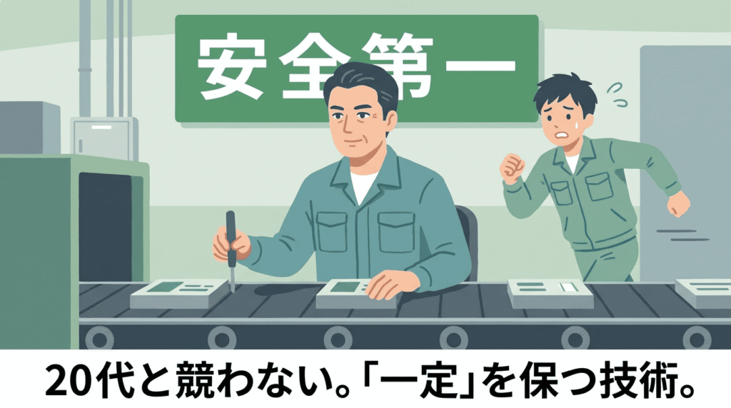 ベルトコンベアの前で、落ち着いた動作で淡々と作業をこなす40代日本人男性。隣で焦って動く若い作業員とは対照的に、無駄のない動きで正確に作業している。背景には「安全第一」の文字。