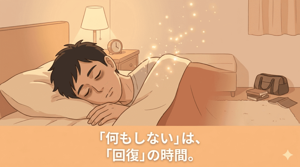 ここからトーンが少し明るくなる。30〜40代の日本人男性が、布団の中で穏やかな表情で眠っている。寝室は柔らかい暖色系の光に包まれている（例えば、夕方や、優しい寝室灯）。彼の体から、疲れが抜けていくような、キラキラとした光の粒子が少し立ち上っている。