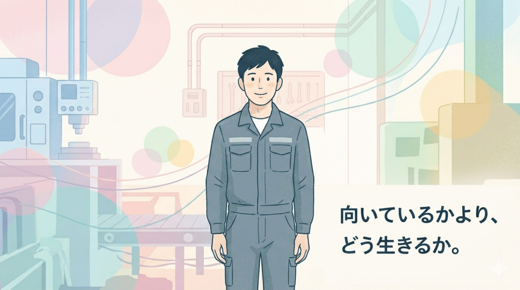 明るいパステルカラーを基調とした、清潔感のある工場のフラットイラスト。40代の日本人男性が前を向き、自信を取り戻したような優しい微笑みを浮かべている。背景は抽象的な円やラインで、心の整理がついた状態を表現。