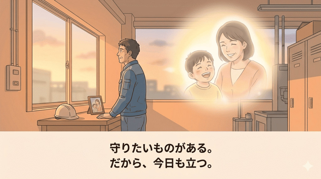 作業着を着た40代日本人男性が、工場の窓辺に立ち、外を眺めて穏やかに微笑んでいる。彼の視線の先(背景の空)には、ぼんやりと温かい光に包まれた、笑顔の妻と子供の姿が重なって見えている。男性の表情には、強い意志と家族への愛が感じられる。画像全体が温かいオレンジ色の光に包まれ始めている。