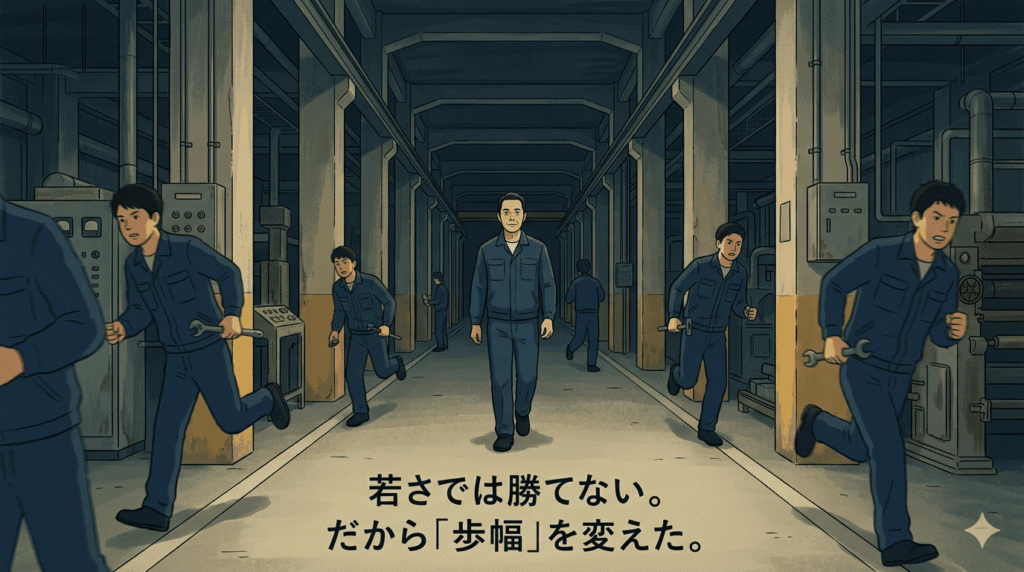 40代の日本人男性作業員が、工場の長い通路を一定のペースで歩いている姿。周囲の若い作業員が急いで動く中で、彼だけは落ち着いた表情で、着実に一歩を踏み出している。照明は少し落とし気味で、体力の限界（壁）を感じさせる重厚なトーンだが、男性の目には静かな意志が宿っている。