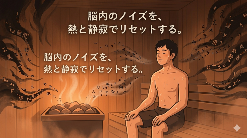 サウナの中で、目を閉じて静かに座っている30代後半の日本人男性のイラスト。男性は上半身裸で、汗が肌を伝っている。サウナ内は薄暗く、木製の壁と、ストーンからの熱気が立ち上る様子が描かれている。男性の周囲には、工場勤務のストレスや思考のノイズを表す、無数の小さな歪んだ文字や記号が、熱気によって蒸発し、消えていく様子が抽象的に描かれている。男性の表情は、すべてを解き放ち、無心になっている。フラットイラスト、やわらかいタッチ、トーンは少し明るくなり、オレンジ色の暖かな光が全体を包む。