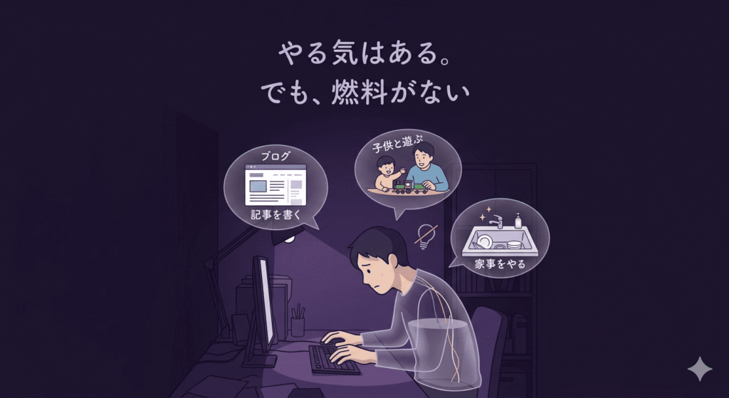 暗い部屋で、パソコンの前に座る日本人男性のフラットイラスト。やわらかいタッチ。男性の頭上には、やりたいこと(ブログ、子供と遊ぶ、家事)が吹き出しとしていくつも浮かんでいるが、男性の体は透明で、中身が空っぽ(ガス欠)のように描かれている。男性は自分の手を見つめ、絶望している。背景は深く、沈んだ紫色。