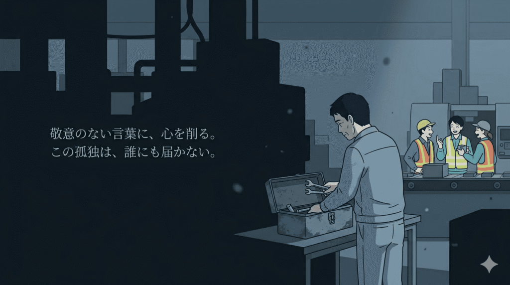 40代の日本人男性（ベテラン作業員）が、少し離れた場所で談笑する若手作業員たちを背に、一人で工具を片付けている様子。若手たちの周りは少し明るく、男性の周りは影が差している。トーンはコントラストを強め、心理的な距離感と「報われない孤独感」を表現。