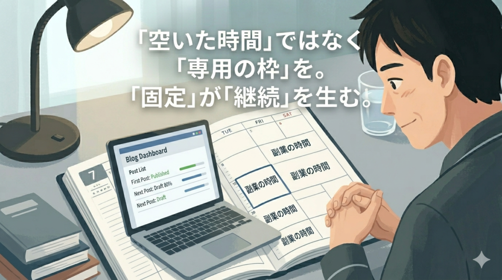 40代の日本人男性が、カレンダーアプリまたは手帳を見つめ、ペンで特定の時間帯を四角く囲んでいるフラットイラスト。彼は少しスッキリした表情をしており、パズルのピースをはめるように、不規則なシフトの合間に「副業の時間」という枠を固定している。部屋の明かりは少し明るくなり、希望が見え始めた雰囲気。