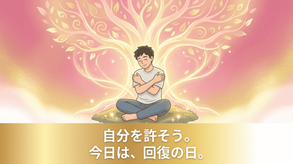 最終的な回復と肯定。30〜40代の日本人男性が、自分自身を優しく抱きしめるようなポーズ（セルフコンパッション）をとっている。彼の表情は、完全に穏やかで、満たされている。彼の背景には、大きく、柔らかな光の翼のような形、または大樹が描かれ、彼を守っている。