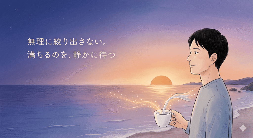 夜明け前の静かな海岸に立つ30〜40代の日本人男性。フラットイラスト、やわらかいタッチ。男性は穏やかな表情で、地平線から昇り始めた太陽(やる気の象徴)をじっと見つめている。彼の手には、空だったカップに少しずつ水が満たされていくようなエフェクトがかかっている。色は深いブルーから、温かいオレンジやゴールドへと変わっていく、美しいグラデーション。